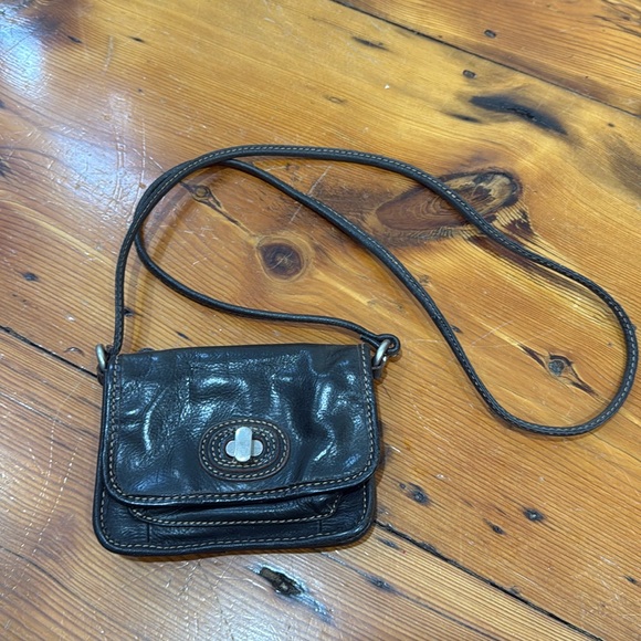 Fossil Handbags - Fossil mini leather black crossbody bag purse with silver hardware